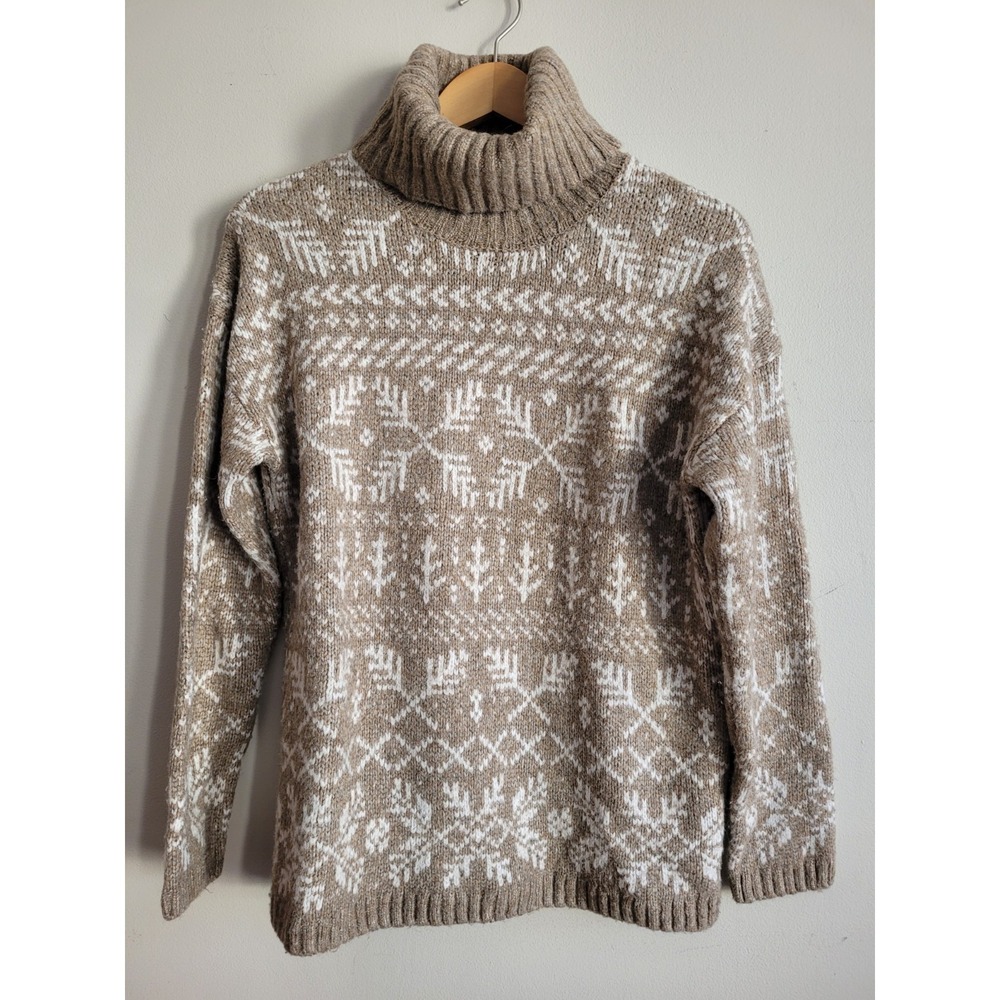 MEDIUM Winter‎ Turtleneck Sweater Brown Cream Long Pattern Sleeve Women